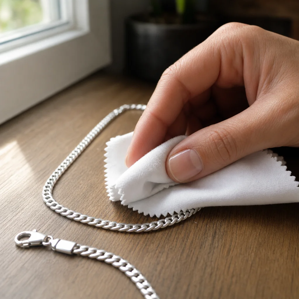 Soft microfiber cloth gently buffing a sterling silver ring