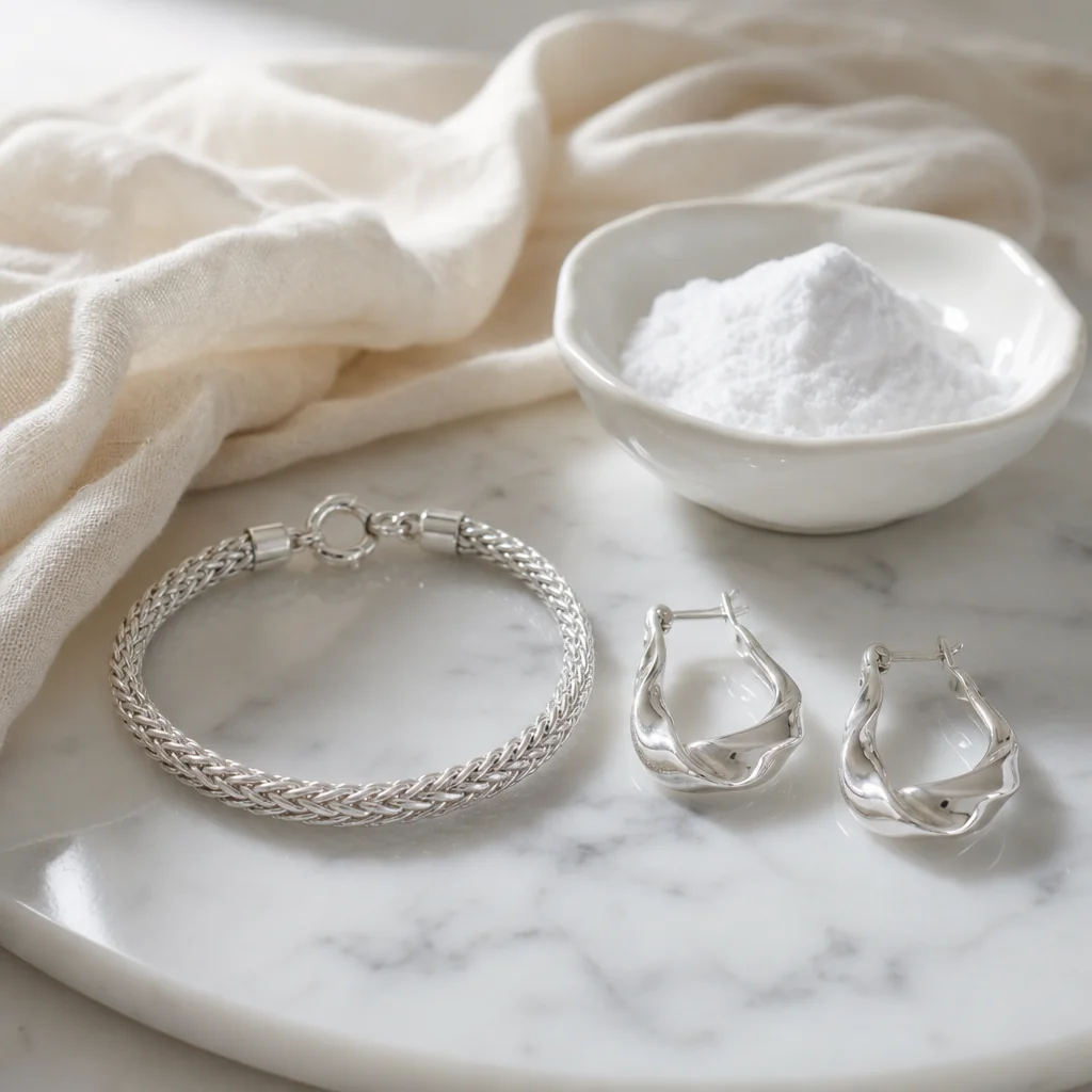 Sterling silver jewelry stored in an anti-tarnish velvet pouch